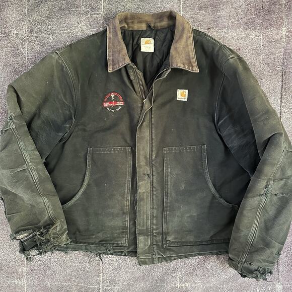 Men's Vintage 90's Carhartt USA Black Faded Distressed Duck Detroit Jacket Sz 44 - Picture 1 of 6
